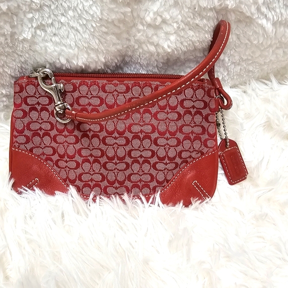 Coach Bags Red Signature Logo Leather & Canvas Wristlet Coin Purse - Picture 1 of 8